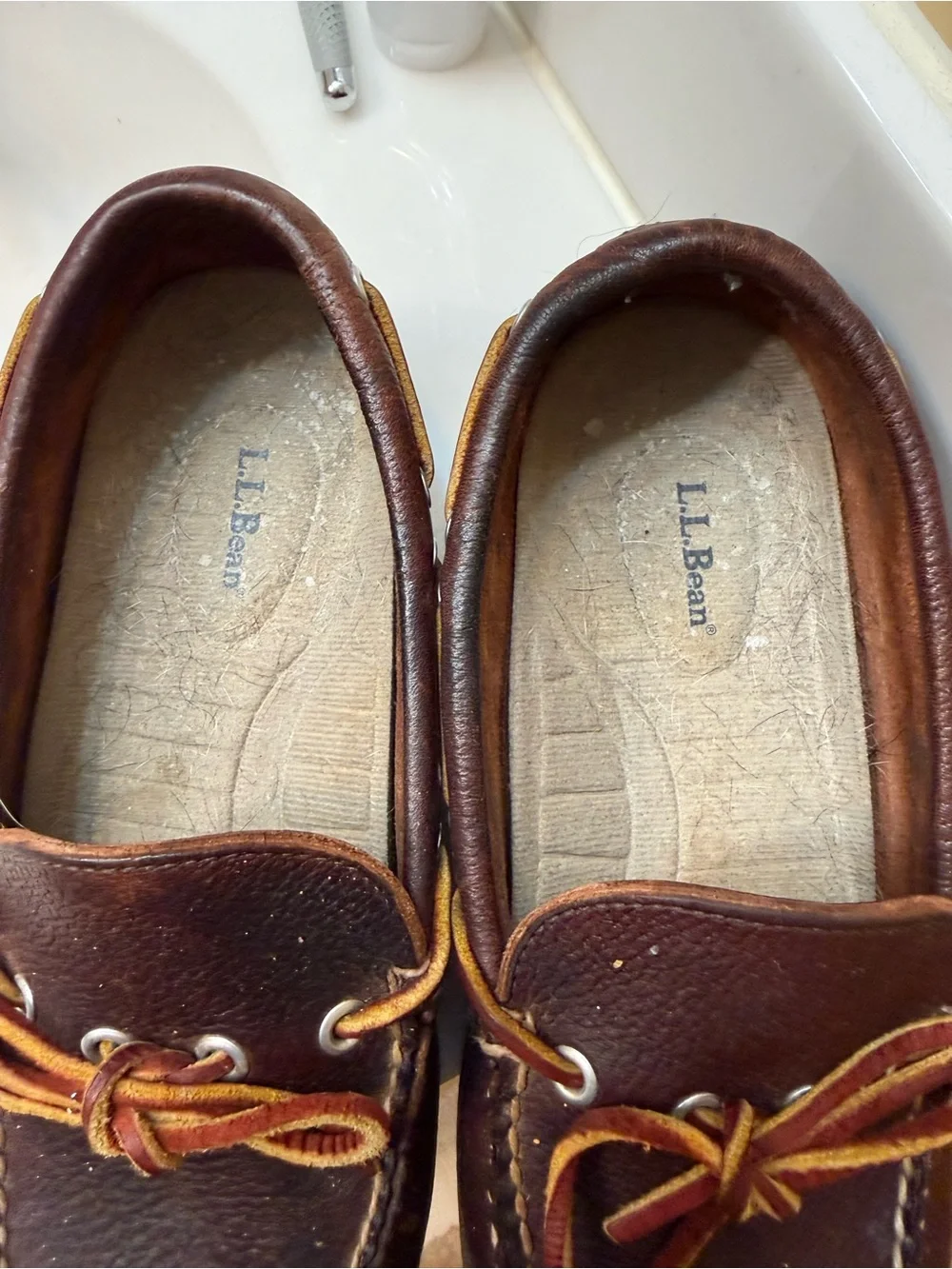 L.L. Bean Brown Leather Moccasin Boat Shoes with Red and Yellow Laces
